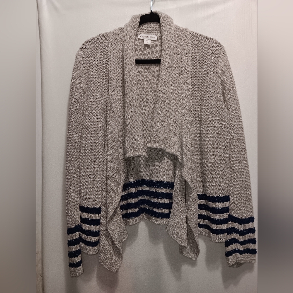Womens L Coldwater Creek crochet cream  navy blue open cardigan sweater boho com